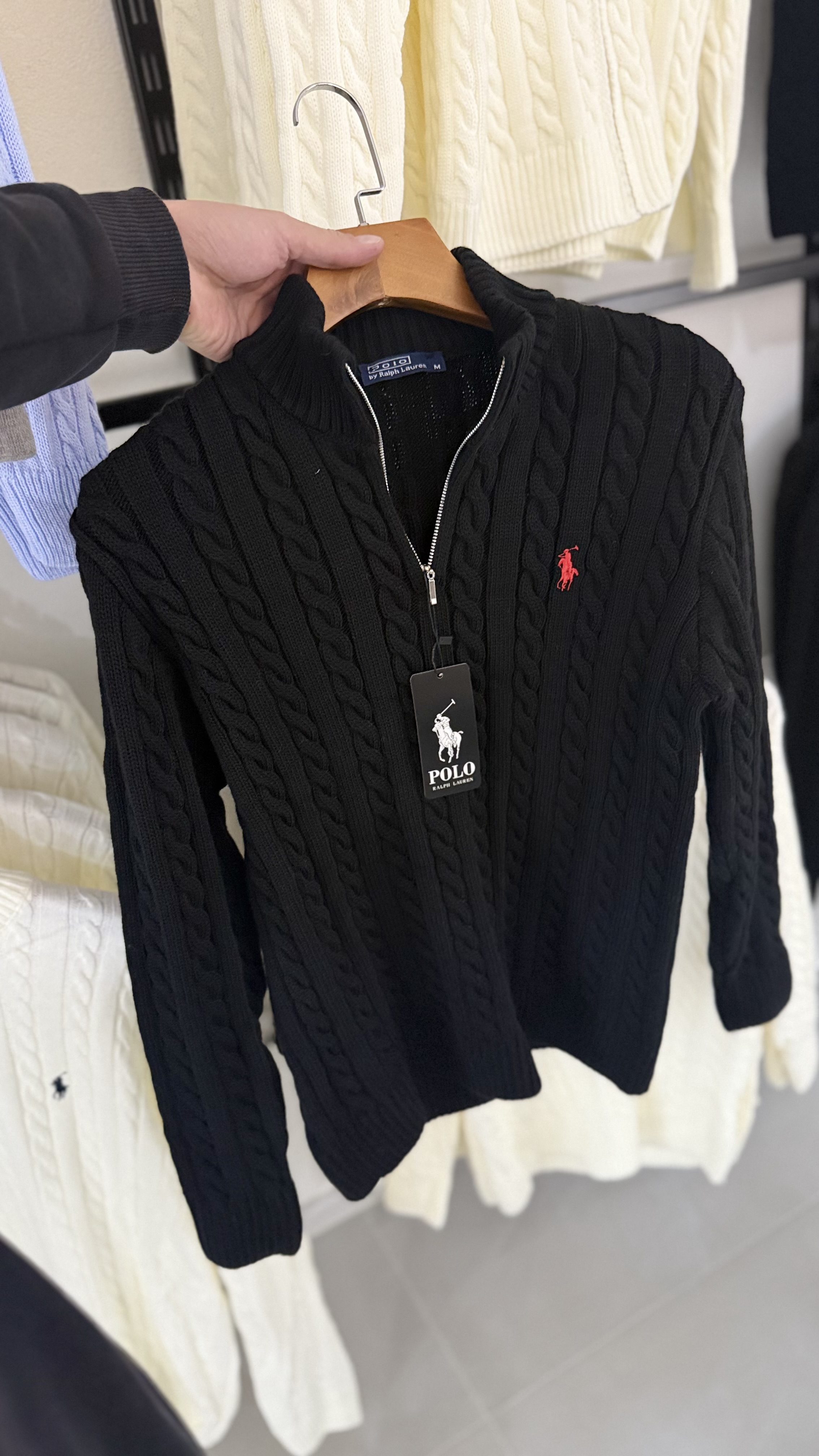 POLO QUARTER ZIP CABLE KNIT BLACK