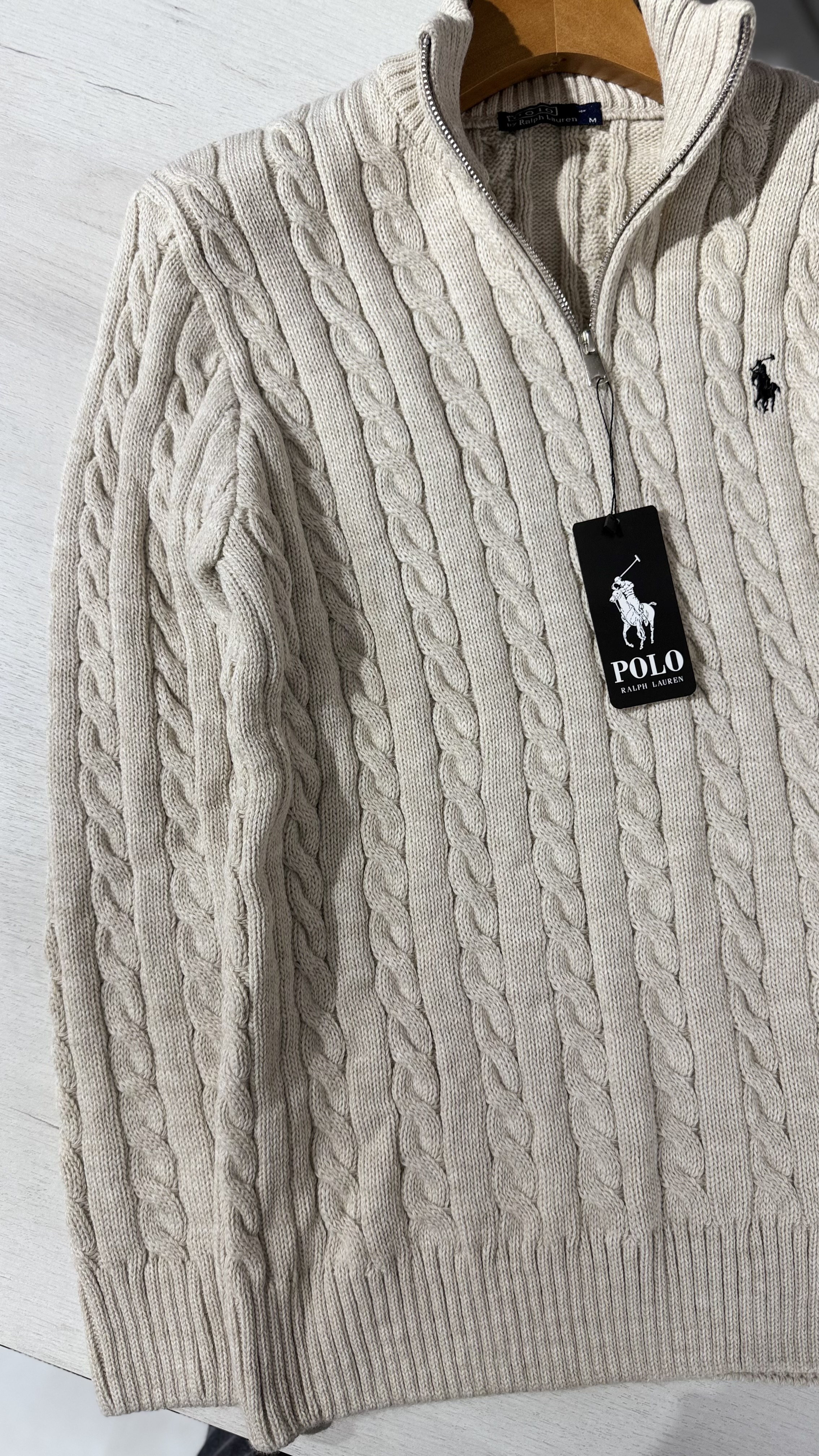 POLO RL Cable Knit Quarter Zip – Krem