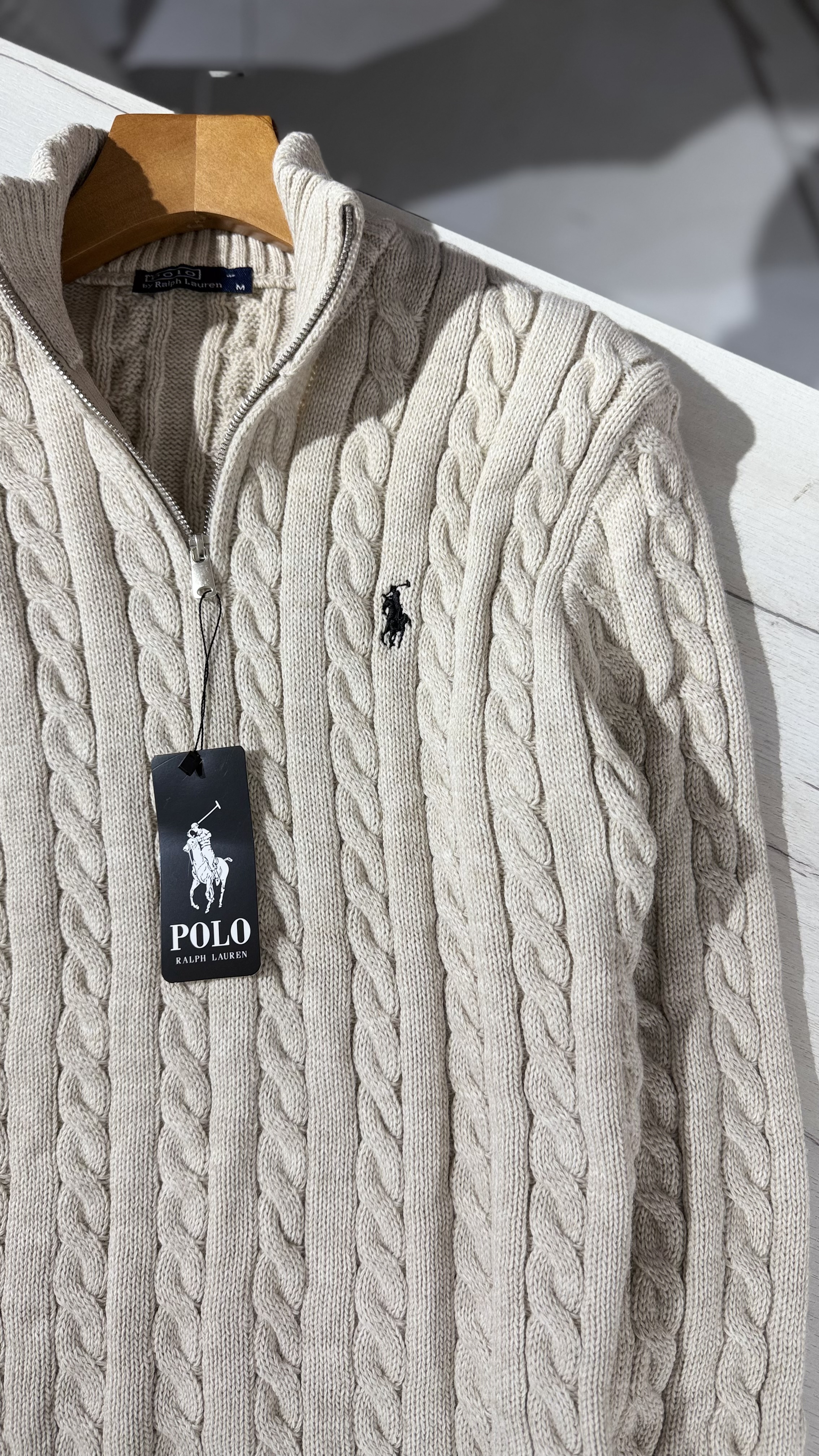 POLO RL Cable Knit Quarter Zip – Krem